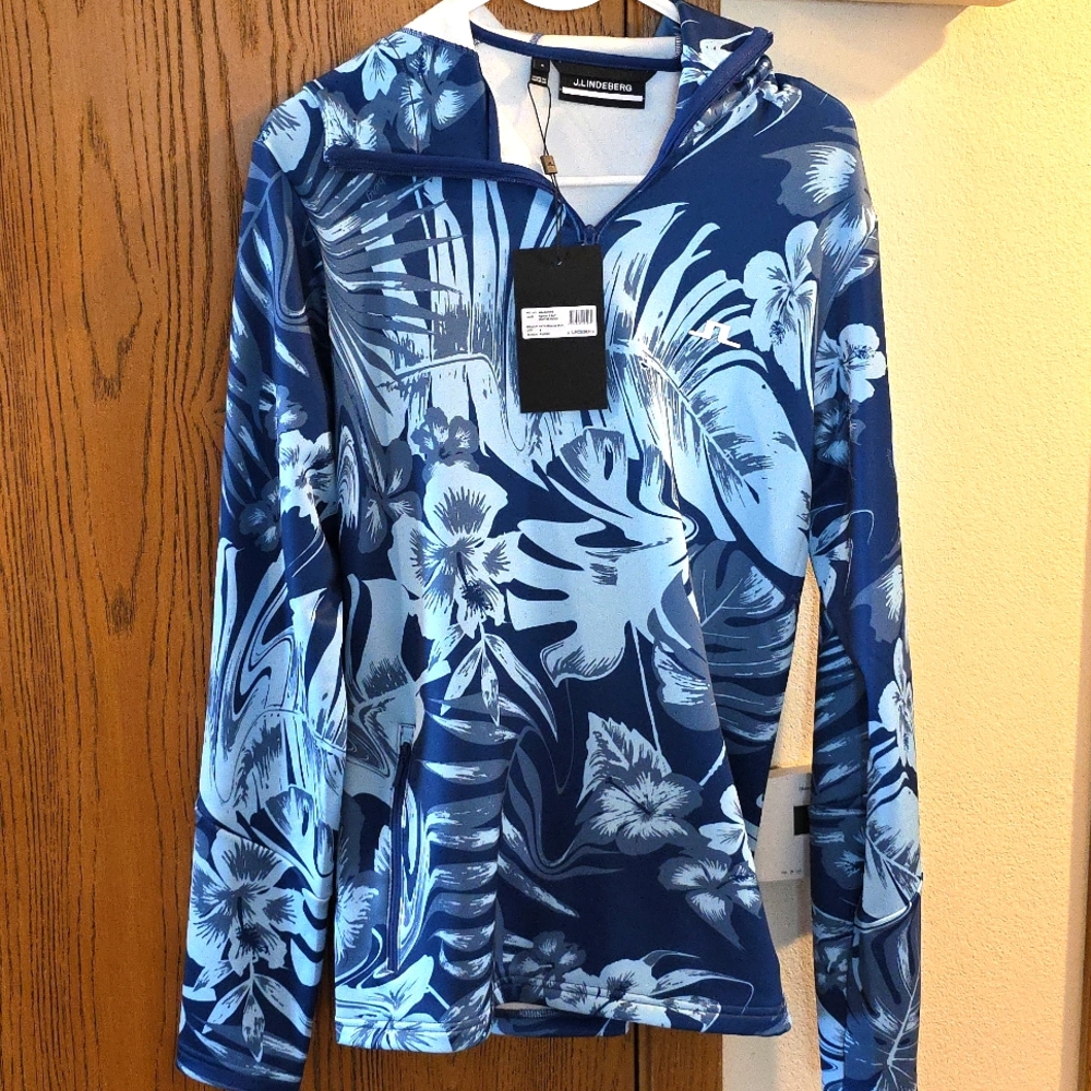J. Lindeberg Blue Hibiscus Print Arial Print Quarter Zip Hoodie NWT Size Small